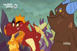 Size: 1372x900 | Tagged: safe, screencap, billy (dragon), fume, garble, spear (dragon), dragon, sweet and smoky, clump, discovery family logo, male, quartet, teenaged dragon