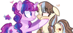 Size: 1280x582 | Tagged: safe, artist:jxst-alexa, oc, oc only, oc:athena, oc:loveless spells, pony, unicorn, blushing, eye contact, female, freckles, heart, horn freckles, looking at each other, mare, squishy cheeks