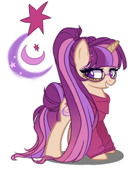 Size: 900x1200 | Tagged: safe, artist:gihhbloonde, artist:rainibases, oc, oc only, pony, unicorn, adoptable, base used, bedroom eyes, clothes, eyeshadow, female, glasses, hairclip, magical lesbian spawn, makeup, mare, multicolored hair, offspring, parent:moondancer, parent:twilight sparkle, parents:twidancer, ponytail, simple background, solo, sweater, transparent background