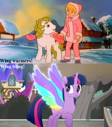 Size: 750x850 | Tagged: safe, edit, edited screencap, screencap, megan williams, surprise, twilight sparkle, twilight sparkle (alicorn), alicorn, baby it's cold outside, g1, my little pony 'n friends, rainbow roadtrip, adoraprise, clothes, coat, colored wings, comparison, cropped, cute, farmhouse, hope hollow, multicolored wings, parka, rainbow wings, snow, text, tree, twiabetes, well, wing bling, wing warmers, wings