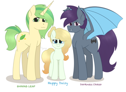 Size: 2562x1871 | Tagged: safe, artist:dyonys, oc, oc only, oc:darkness chaser, oc:happy daisy, oc:shining leaf, bat pony, earth pony, pony, unicorn, adopted offspring, family, fangs, female, filly, male, mare, siblings, smiling, stallion, text