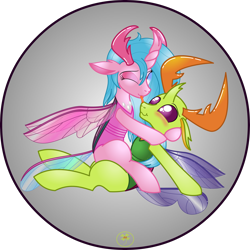 Size: 5000x5000 | Tagged: safe, alternate version, artist:lakword, thorax, oc, oc:keratin, changedling, changeling, canon x oc, cuddling, cute, hug, king thorax, kissing, licking, pair, sitting, skittle, smiling, tongue out