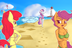 Size: 1800x1200 | Tagged: safe, artist:neko-me, apple bloom, scootaloo, sweetie belle, anthro, apple bloomed, apple bloomers, ass, beach, belly button, bikini, boobaloo, breasts, butt, clothes, cloud, cutie mark crusaders, lighthouse, midriff, older, one-piece swimsuit, question mark, sky, sweetie boobs, swimsuit