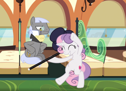 Size: 1056x766 | Tagged: safe, screencap, caesar, sweetie belle, earth pony, pony, unicorn, growing up is hard to do, being big is all it takes, bipedal, cane, count caesar, cropped, cute, cutie mark, dancing, diasweetes, duo, excited, eyes closed, female, hat, holding, male, older, older sweetie belle, stallion, the cmc's cutie marks, top hat
