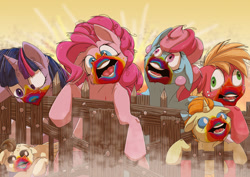 Size: 1024x725 | Tagged: safe, artist:reptilianbirds, derpibooru import, big macintosh, cup cake, pinkie pie, pound cake, pumpkin cake, twilight sparkle, earth pony, pony, 28 pranks later, colt, cookie zombie, derp, female, fence, filly, floppy ears, foal, male, mare, narrowed eyes, open mouth, rainbow muzzle, stallion, teeth