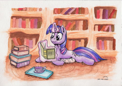 Size: 2817x1993 | Tagged: safe, artist:reptilianbirds, twilight sparkle, unicorn twilight, pony, unicorn, book, comfy, cup, female, glowing horn, golden oaks library, horn, magic, mare, pillow, prone, reading, smiling, solo, teacup, telekinesis, traditional art