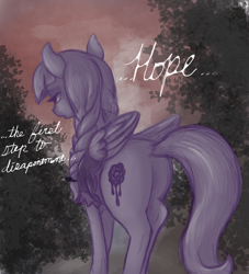 Size: 1364x1500 | Tagged: safe, artist:t72b, derpibooru exclusive, inky rose, pegasus, pony, ..., atg 2019, behind, braid, clothes, depressed, female, goth, hope, limited palette, looking away, mare, newbie artist training grounds, solo, teary eyes