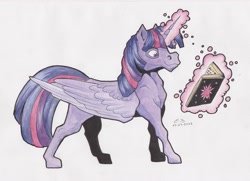 Size: 3097x2239 | Tagged: safe, artist:reptilianbirds, twilight sparkle, twilight sparkle (alicorn), alicorn, pony, book, female, glowing horn, horn, magic, mare, reading, semi-realistic, simple background, solo, telekinesis, traditional art, white background