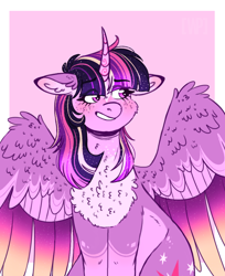 Size: 768x942 | Tagged: safe, artist:wanderingpegasus, twilight sparkle, twilight sparkle (alicorn), alicorn, pony, cheek fluff, chest fluff, colored wings, ear fluff, floppy ears, multicolored wings, simple background, solo, wings