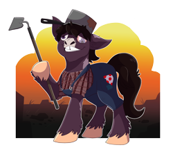 Size: 4339x3800 | Tagged: safe, artist:hallowraith, oc, oc:peeled prune, earth pony, ghoul, pony, fallout equestria, black mane, bucktooth, handkerchief, hoe, male, molting, overalls, plaid, pot, purple, purple eyes, smiling, solo, teeth, unshorn fetlocks