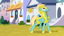 Size: 1850x1041 | Tagged: safe, screencap, zephyr breeze, pegasus, pony, sparkle's seven, alone, discovery family logo, folded wings, looking up, male, man bun, royal guard, royal guard armor, royal guard zephyr breeze, solo, stallion, updo