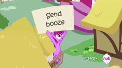 Size: 842x468 | Tagged: safe, edit, edited screencap, screencap, berry punch, berryshine, pony, testing testing 1-2-3, caption, image macro, meme, open mouth, sign, text