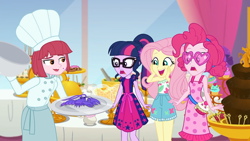 Size: 1920x1080 | Tagged: safe, screencap, fluttershy, pinkie pie, sci-twi, twilight sparkle, lobster, better together, equestria girls, i'm on a yacht, background human, beauty mark, buffet, chef, chef's hat, chocolate fountain, cupcake, cute, dessert, female, food, geode of fauna, geode of telekinesis, glasses, hat, heart shaped glasses, legs, magical geodes, open mouth, ponytail, puffed pastry, shyabetes, sleeveless, smiling, strawberry, varying degrees of want