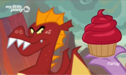 Size: 1276x758 | Tagged: safe, screencap, garble, spike, dragon, sweet and smoky, claw, cupcake, food, male, offering, unamused