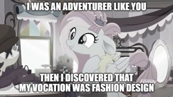 Size: 888x499 | Tagged: safe, edit, edited screencap, screencap, kerfuffle, pegasus, pony, rainbow roadtrip, amputee, arrow to the knee, bait and switch, clothes, dark comedy, discovery family logo, female, mare, meme, prosthetic leg, prosthetic limb, prosthetics, solo, text