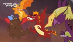 Size: 1324x756 | Tagged: safe, screencap, billy (dragon), fume, garble, spear (dragon), dragon, sweet and smoky, blushing, clump, discovery family logo, embarrassed, flying, male, my little pony logo, quartet, teenaged dragon
