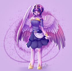 Size: 2112x2072 | Tagged: safe, artist:dinkydoolove, twilight sparkle, twilight sparkle (alicorn), alicorn, anthro, unguligrade anthro, clothes, crown, dress, female, jewelry, mare, one eye closed, redraw, regalia, smiling, solo, two toned wings, wings, wink