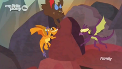 Size: 1324x750 | Tagged: safe, screencap, billy (dragon), fume, spear (dragon), dragon, sweet and smoky, boulder, clump, discovery family logo, male, teenaged dragon, trio