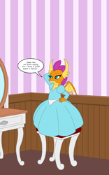 Size: 1250x2000 | Tagged: safe, artist:runningtoaster, smolder, dragon, comic:smoulder up, chair, clothes, commission, dialogue, dragoness, dress, female, mirror, samantha goldenwing, solo, speech bubble