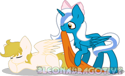 Size: 1094x670 | Tagged: safe, artist:bleonadragotiyt, oc, oc:fleurbelle, oc:golden skies, alicorn, pegasus, pony, alicorn oc, blanket, bow, female, fleurden, hair bow, male, pegasus oc, shipping, sleeping, straight