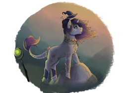 Size: 2048x1536 | Tagged: safe, artist:mad-maker-cat, oc, oc:evanora, pony, unicorn, female, hat, mare, solo, staff, witch hat