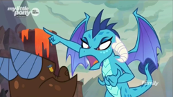 Size: 1366x768 | Tagged: safe, screencap, dragon lord ember, princess ember, dragon, sweet and smoky, angry, claws, clump, discovery family logo, dragoness, female, flying, furious, intimidating, lava, male, scared, spread wings, upset, volcano, wings, yelling
