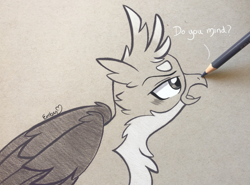 Size: 3497x2592 | Tagged: safe, artist:emberslament, gallus, griffon, blushing, boop, colored pencil drawing, cute, dialogue, drawn into existence, gallabetes, pencil boop, photo, profile, sketch, solo, traditional art