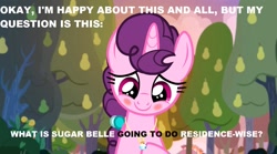 Size: 1280x713 | Tagged: safe, edit, edited screencap, editor:thomasfan45, screencap, sugar belle, the big mac question, blushing, cute, description is relevant, jewelry, necklace, pear orchard, pear tree, question, ring, solo, text, tree, wedding ring