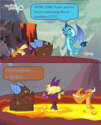 Size: 1240x1528 | Tagged: safe, edit, edited screencap, screencap, billy (dragon), dragon lord ember, fume, princess ember, spear (dragon), dragon, sweet and smoky, angry, clump, comic, dialogue, discovery family logo, dragoness, female, lava bathing, lava pool, male, nervous, screencap comic, speech bubble, upset