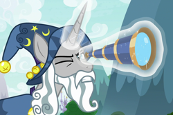 Size: 1542x1027 | Tagged: safe, screencap, star swirl the bearded, pony, unicorn, the ending of the end, canterlot, cropped, frown, glowing horn, gritted teeth, horn, magic, magic aura, male, one eye closed, solo, spyglass, stallion, telekinesis