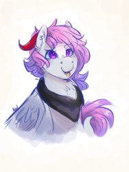 Size: 1800x2400 | Tagged: safe, artist:mad-maker-cat, oc, pegasus, pony, bust, female, horns, mare, portrait, solo, tongue out