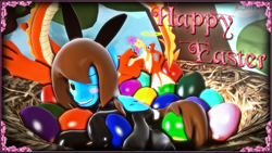 Size: 1920x1080 | Tagged: safe, artist:dragon-v0942, oc, oc only, oc:dia heart, oc:magmace (micset), oc:micset, dragon, pegasus, pony, 3d, bunny suit, clothes, easter, easter egg, flower, halo, holiday, latex, latex suit, nest, passed out, sky, source filmmaker, tree, unconscious
