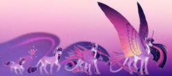 Size: 1339x597 | Tagged: safe, artist:turnipberry, princess twilight 2.0, twilight sparkle, twilight sparkle (alicorn), unicorn twilight, alicorn, classical unicorn, pony, unicorn, the last problem, cheek feathers, cloven hooves, colored fetlocks, colored hooves, colored wings, curved horn, dewclaw, ethereal mane, female, filly, filly twilight sparkle, gradient background, gradient wings, horn, leonine tail, mare, pale belly, purple background, realistic anatomy, simple background, solo, spread wings, starry wings, teenager, ultimate twilight, unshorn fetlocks, winged hooves, wings