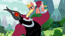 Size: 1920x1080 | Tagged: safe, screencap, lord tirek, somnambula, centaur, pegasus, pony, the ending of the end, closed, defeated, eyes closed, fangs, female, frown, gritted teeth, holding a pony, kick the dog, lidded eyes, magic, magic drain, magic theft, male, mare, open mouth, smiling, somnambuse, succ, that centaur sure does love magic