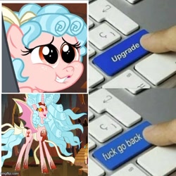 Size: 500x501 | Tagged: safe, edit, edited screencap, screencap, cozy glow, alicorn, pegasus, pony, the beginning of the end, the ending of the end, alicornified, cozycorn, faic, female, filly, finger, fuck go back, giant demon alicorn cozy glow, keyboard, meme, nsfw tags, race swap, text, upgrade, upgrade meme, vulgar, watermark