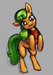 Size: 670x945 | Tagged: artist needed, safe, earth pony, pony, apple family member, apple pie (character), background pony, bandana, clothes, female, floppy ears, gray background, head tilt, looking at you, mare, rearing, scarf, simple background, sketch, smiling, solo