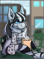 Size: 508x677 | Tagged: safe, artist:scruffasus, oc, oc:ruzeth, pony, zebra, clothes, coffee, cup, male, quadrupedal, scarf, sitting