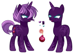 Size: 1725x1263 | Tagged: safe, artist:manella-art, oc, oc:midnight sparkle, pony, unicorn, bald, female, magical lesbian spawn, mare, offspring, parent:tempest shadow, parent:twilight sparkle, parents:tempestlight, reference sheet, simple background, solo, transparent background