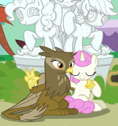 Size: 801x857 | Tagged: safe, screencap, twinkleshine, griffon, pony, unicorn, the last problem, background pony, cropped, cute, daaaaaaaaaaaw, duo, eyes closed, female, hand on shoulder, mare, peace sign, pose, statue, unnamed griffon, wrong aspect ratio