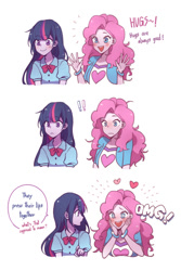 Size: 1000x1500 | Tagged: safe, artist:dcon, pinkie pie, twilight sparkle, equestria girls, equestria girls (movie), cute, dialogue, diapinkes, duo, eyebrows visible through hair, female, heart, implied appledash, implied lesbian, implied shipping, open mouth, parody, scene parody, sexually oblivious