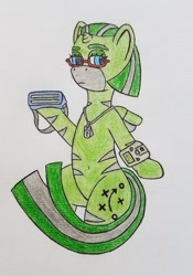 Size: 742x1057 | Tagged: safe, artist:dice-warwick, oc, oc:temboril tablature, original species, pony, fallout equestria, fallout equestria: dance of the orthrus, dog tags, fanfic art, glasses, goggles, mirage pony, pipbuck, pipbuck (orthrus), small horn, small wings, solo, stripes