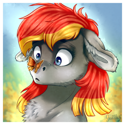 Size: 4200x4200 | Tagged: safe, artist:gaelledragons, oc, oc:arian blaze, butterfly, pony, :<, bust, commission, floppy ears, lepidopterophobia, scared, solo, wide eyes