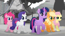 Size: 640x360 | Tagged: safe, derpibooru import, screencap, applejack, fluttershy, pinkie pie, rarity, twilight sparkle, twilight sparkle (alicorn), alicorn, earth pony, pegasus, pony, unicorn, rainbow roadtrip, discovery family logo