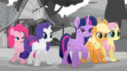 Size: 640x360 | Tagged: safe, derpibooru import, screencap, applejack, fluttershy, pinkie pie, rarity, twilight sparkle, twilight sparkle (alicorn), alicorn, earth pony, pegasus, pony, unicorn, rainbow roadtrip, discovery family logo, lidded eyes