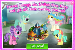 Size: 1036x684 | Tagged: safe, barley barrel, petunia petals, earth pony, pegasus, pony, unicorn, advertisement, gameloft, limited-time story, mrs. hoofington, official, rainbow trout (character)