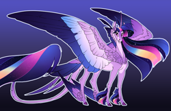 Size: 5100x3300 | Tagged: safe, artist:turnipberry, twilight sparkle, twilight sparkle (alicorn), alicorn, pony, the last problem, absurd resolution, alternate universe, ascension au!, blue background, cheek feathers, cloven hooves, colored wings, colored wingtips, feathered fetlocks, female, headcanon, leonine tail, mare, multicolored mane, multicolored wings, redesign, simple background, smiling, solo, tail feathers, wings