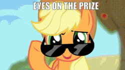 Size: 800x450 | Tagged: safe, derpibooru import, edit, screencap, applejack, earth pony, pony, caption, equestria hills 90210, eyes on the prize, image macro, sunglasses, text