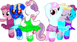 Size: 958x521 | Tagged: safe, artist:angrymetal, dinky hooves, ruby pinch, sweetie belle, oc, oc:angrymetal, oc:ballet star, oc:berry blue, pony, 1000 hours in ms paint, arms in the air, arms out, ballerina, ballerinas, ballet, ballet slippers, clothes, en pointe, needs more jpeg, pincherina, simple background, sweetierina, transparent background, tutu, tutus