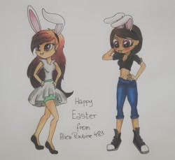 Size: 1221x1120 | Tagged: safe, artist:alienpauline483, oc, oc only, oc:black dawn, oc:midnight cakepowder, equestria girls, belly button, blushing, bunny ears, easter, female, holiday, lesbian, midnightdawn, midriff, oc x oc, shipping, traditional art