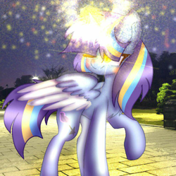 Size: 800x796 | Tagged: safe, anonymous artist, oc, oc only, oc:twinkle starstone, pony, blushing, bush, glowing eyes, horn, light, magic, magic aura, night, one hoof raised, park, sidewalk, signature, smiling, spread wings, tree, two toned wings, wings